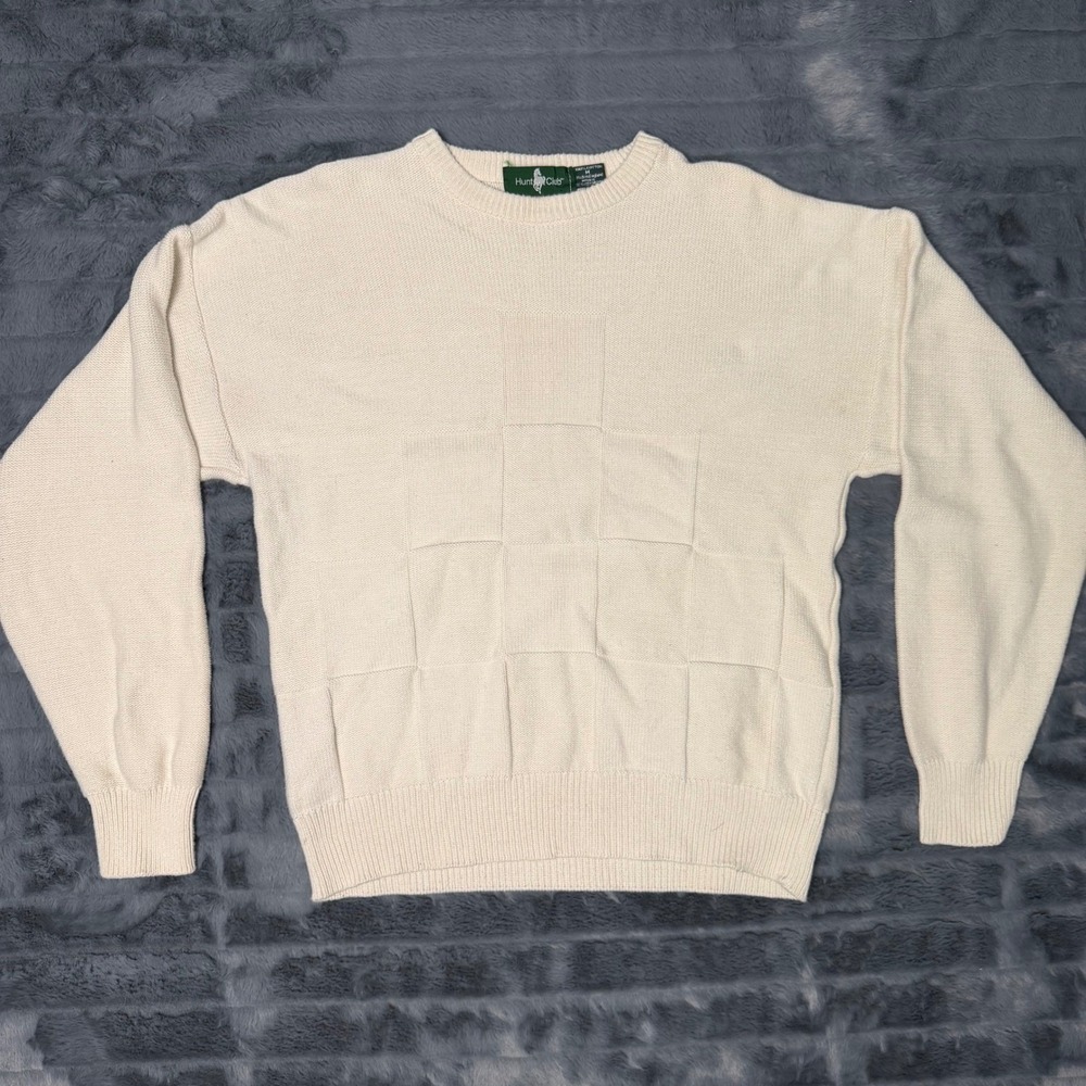 Hunt Club Mens Cream Crewneck Sweater Made in England Textured Grid Size M